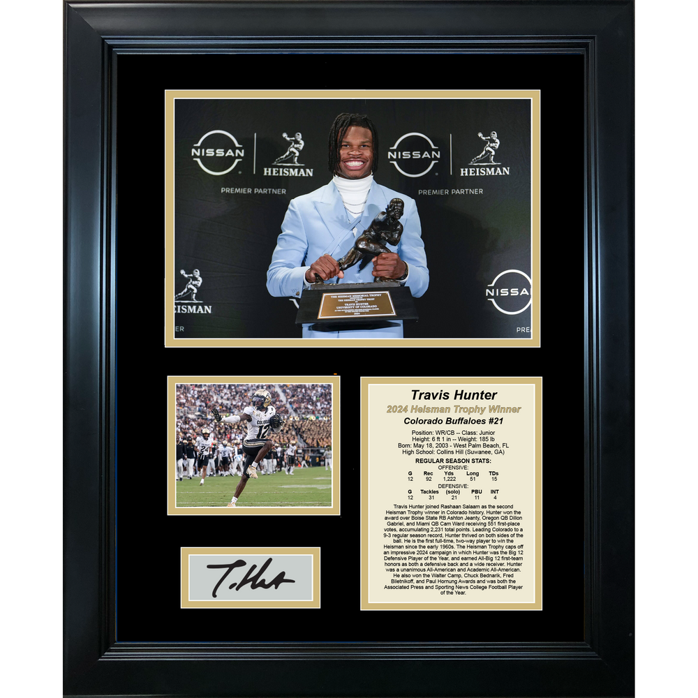 Framed Travis Hunter Colorado Buffaloes 2024 Heisman Trophy Winner Facsimile Laser Engraved Signature Auto 11"x14" College Football Photo Sig Collage (ONLINE ORDER ONLY)