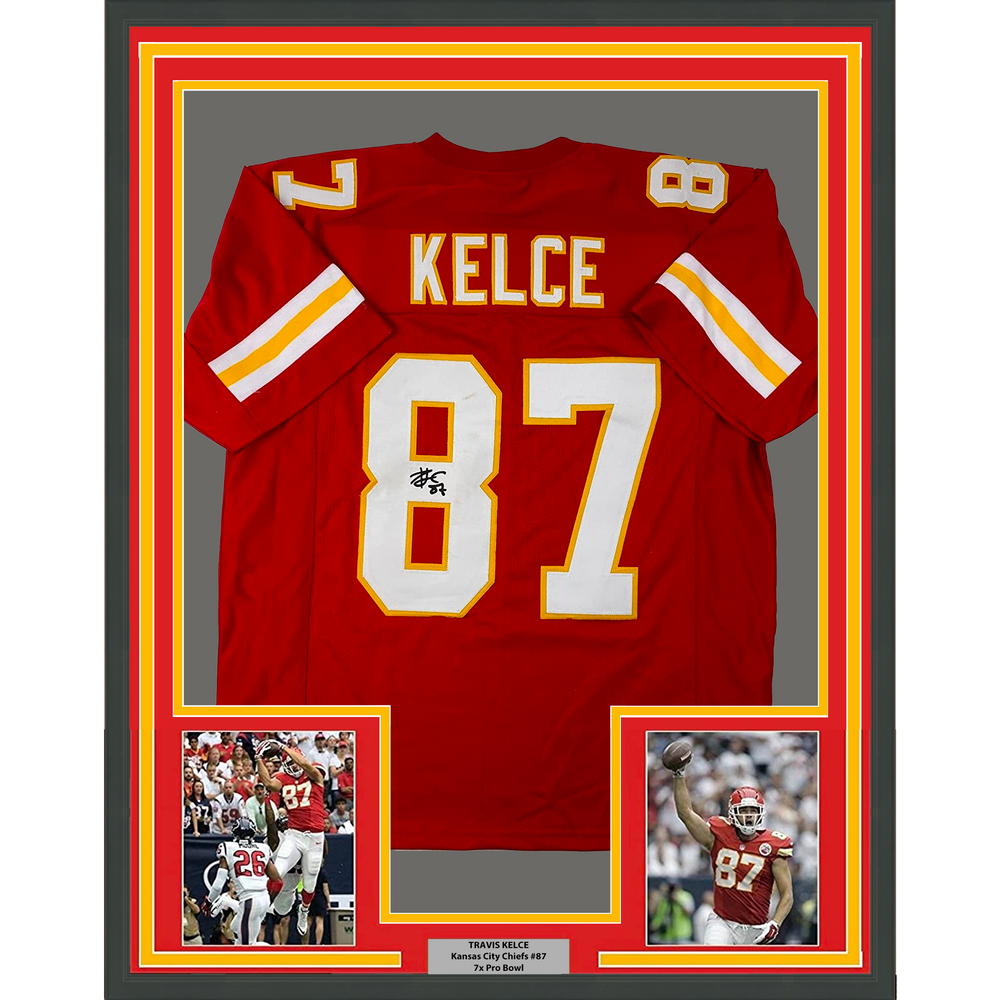 Framed Facsimile Autographed Travis Kelce 35x39 Kansas City Red Reprint Laser Auto Football Jersey Size Men's XL (ONLINE ORDER ONLY)