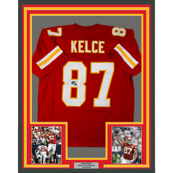 Framed Facsimile Autographed Travis Kelce 35x39 Kansas City Red Reprint Laser Auto Football Jersey Size Men's XL (ONLINE ORDER ONLY)