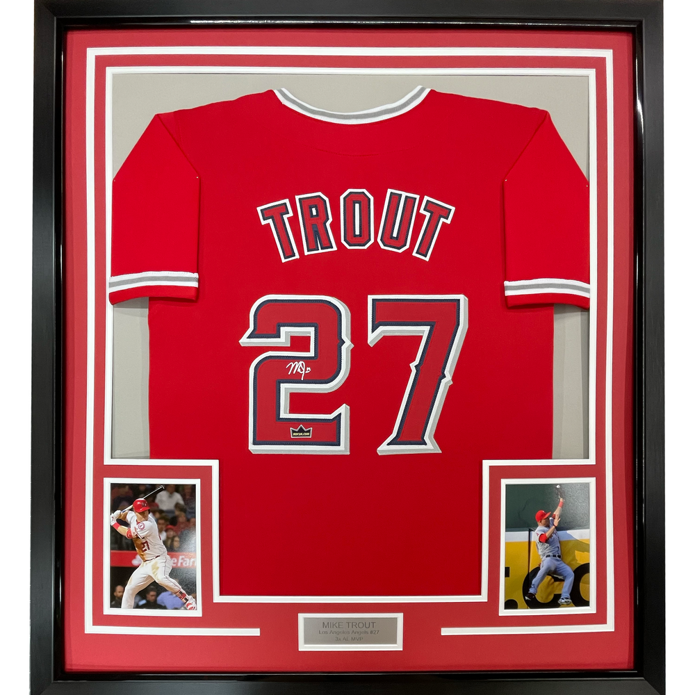 Framed Facsimile Autographed Mike Trout 35x39 Los Angeles LA Anaheim Red Reprint Laser Auto Baseball Jersey (ONLINE ORDER ONLY)