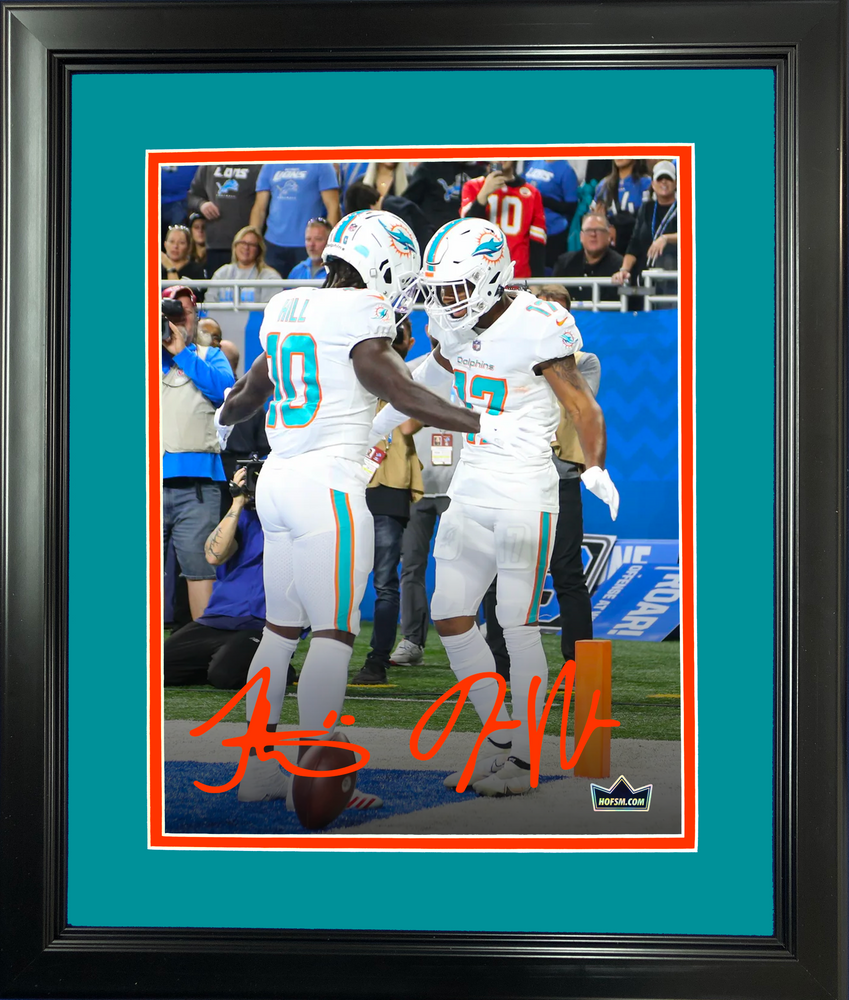 Framed Tyreek Hill & Jaylen Waddle Miami Dolphins Dual Facsimile Laser Engraved Signature Auto 11"x14" Football Photo HOFSM Holo (ONLINE ORDER ONLY)