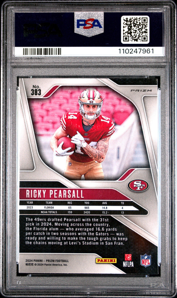 Graded 2024 Panini Prizm Ricky Pearsall #383 Pink Prizm Rookie RC Football Card PSA 10 Gem Mint (ONLINE ORDER ONLY)