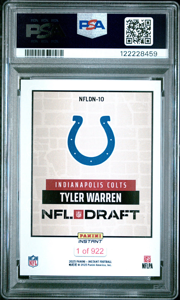 Graded 2025 Panini Instant Tyler Warren #NFLDN10 NFL Draft Night Rookie RC Football Card PSA 10 Gem Mint (ONLINE ORDER ONLY)