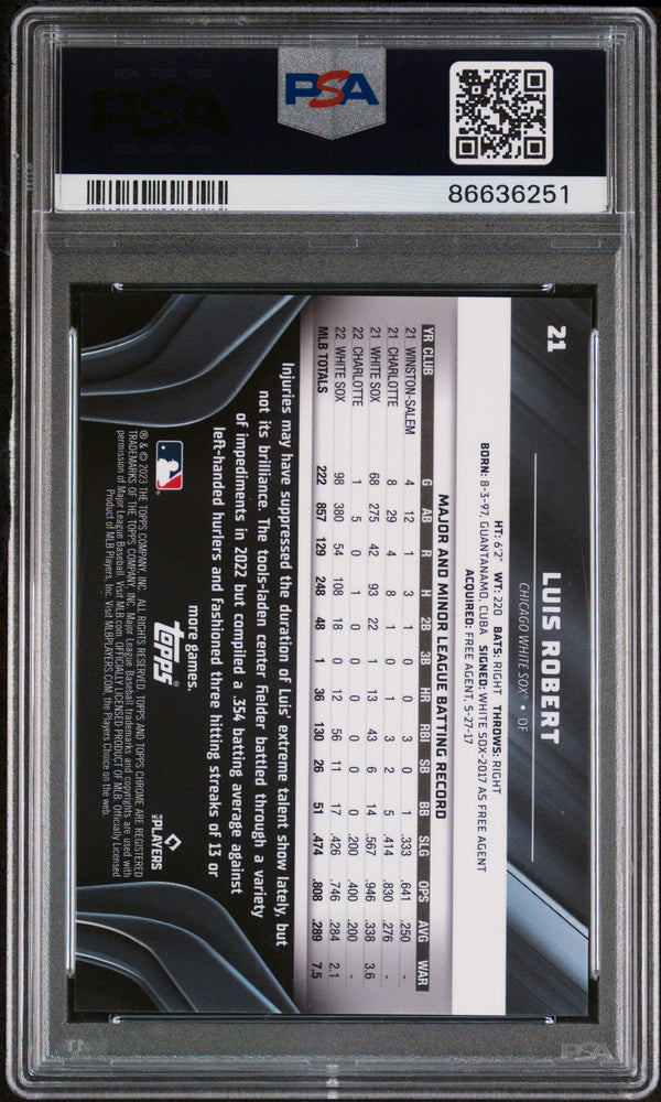 2023 TOPPS CHROME BLACK LUIS ROBERT GREEN REFRACTOR #21 - PSA 10 (Online Order Only)