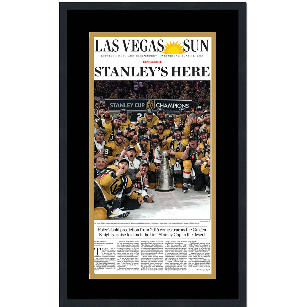 Framed Las Vegas Sun Golden Knights 2023 Stanley Cup Champions 14x24 Hockey Newspaper Cover Photo Professionally Matted V2 (ONLINE ORDER ONLY)