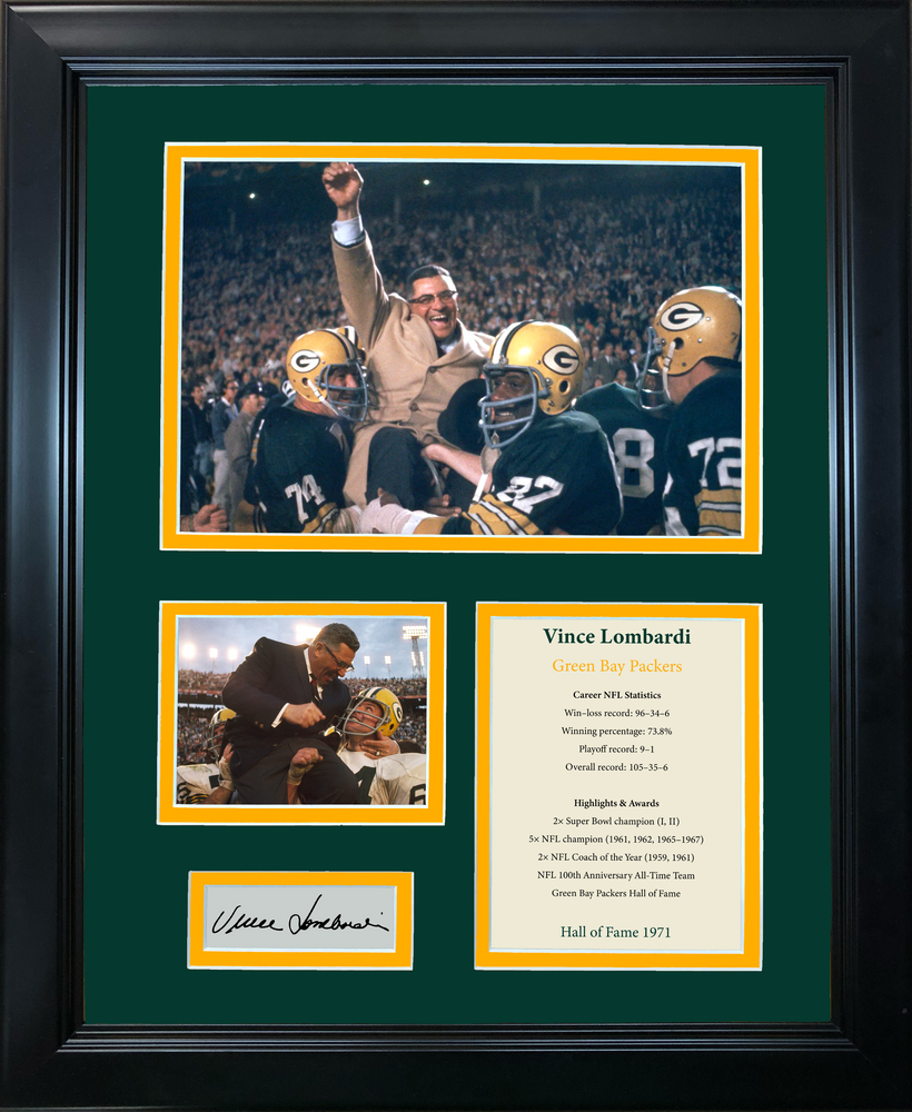Framed Vince Lombardi Hall of Fame Facsimile Laser Engraved Signature Auto Green Bay Packers 11"x14" Photo Sig Collage (ONLINE ORDER ONLY)