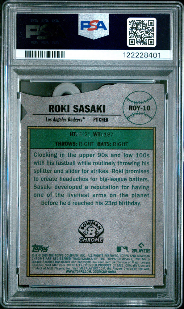 Graded 2025 Topps Bowman Roki Sasaki #ROY10 Rookie of the Year Favorite Rookie RC Baseball Card PSA 9 Mint (ONLINE ORDER ONLY)