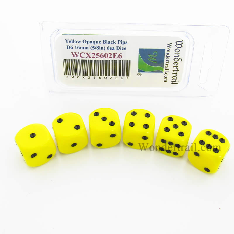 WCX25602E6 Yellow Opaque Dice Black Pips D6 16mm Pack of 6 (ONLINE ORDER ONLY)