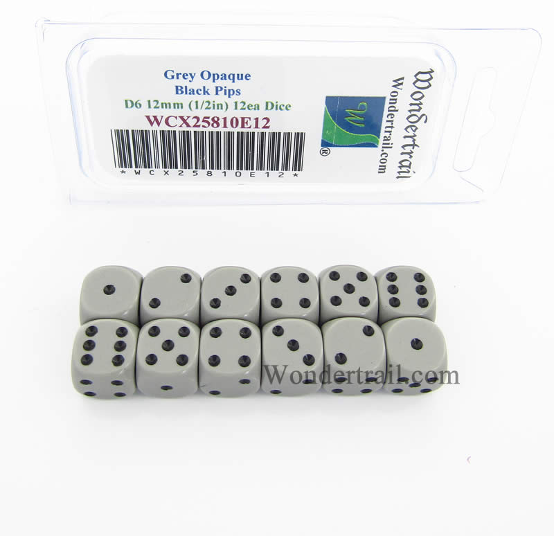 WCX25810E12 Grey Dice with Black Pips D6 12mm (1/2in) Pack of 12