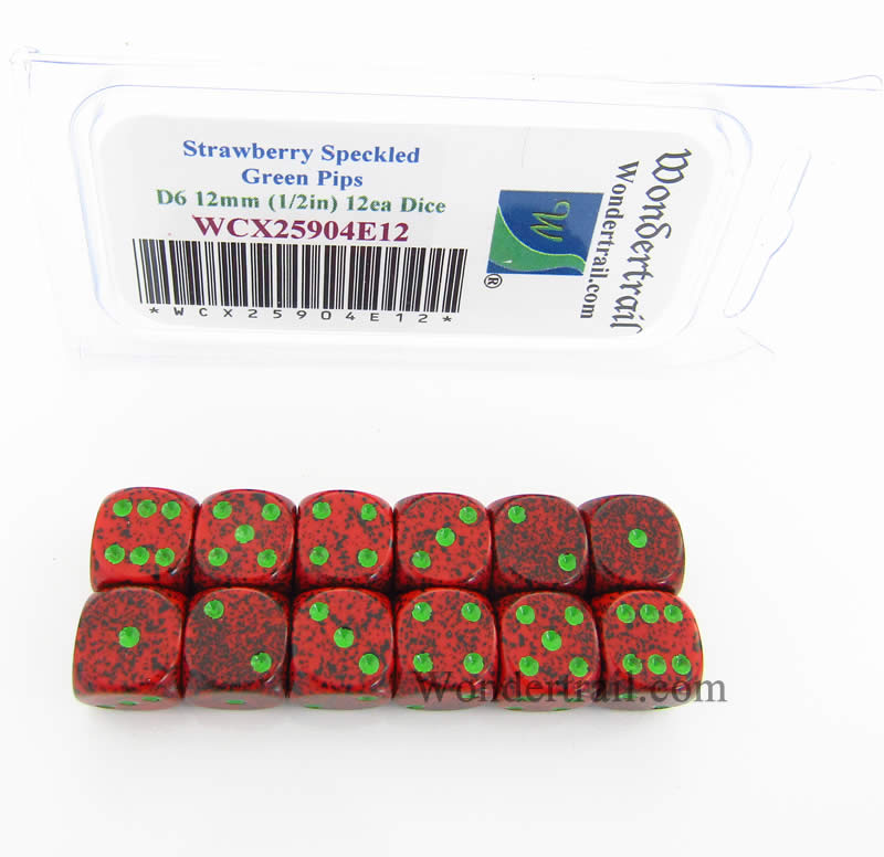 WCX25904E12 Strawberry Speckled Dice Green Pips D6 12mm Pack of 12 (ONLINE ORDER ONLY)