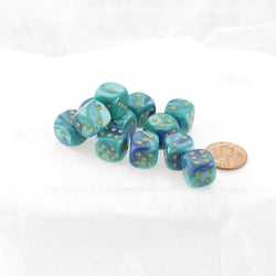 WCX26859E12 Blue Teal Gemini Dice Gold Pips 12mm D6 Set of 12 (ONLINE ORDER ONLY)