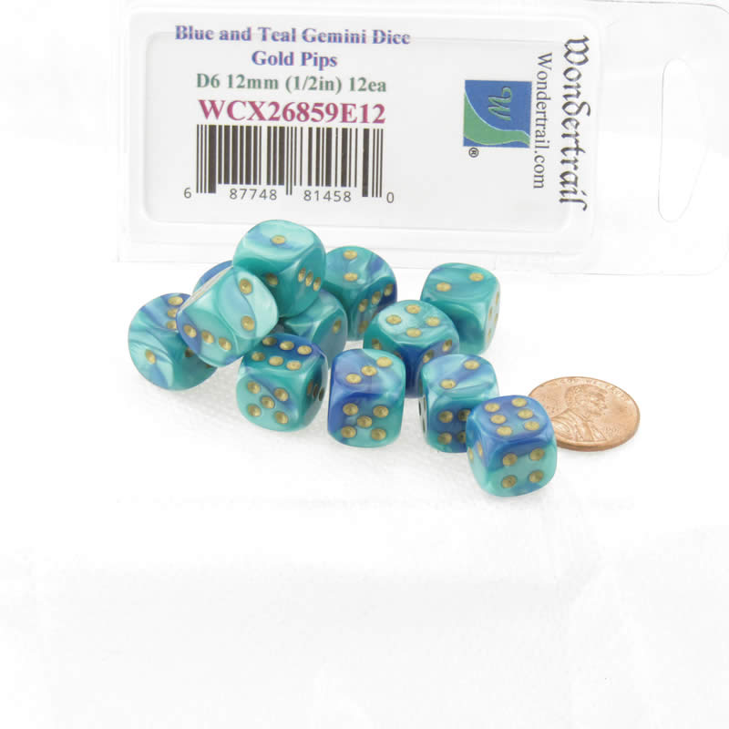 WCX26859E12 Blue Teal Gemini Dice Gold Pips 12mm D6 Set of 12 (ONLINE ORDER ONLY)