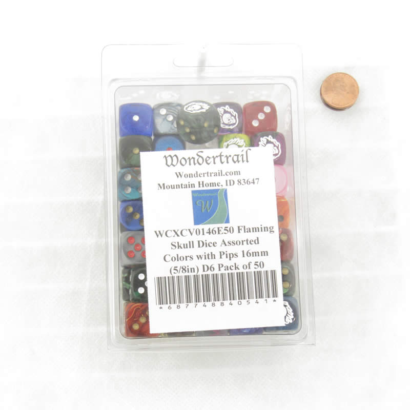 WCXCV0146E50 Flaming Skull Dice Assorted Colors with Pips 16mm (5/8in) D6 Pack of 50 (ONLINE ORDER ONLY)