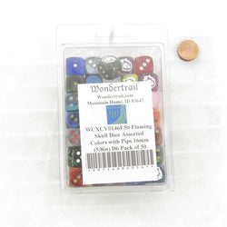 WCXCV0146E50 Flaming Skull Dice Assorted Colors with Pips 16mm (5/8in) D6 Pack of 50 (ONLINE ORDER ONLY)