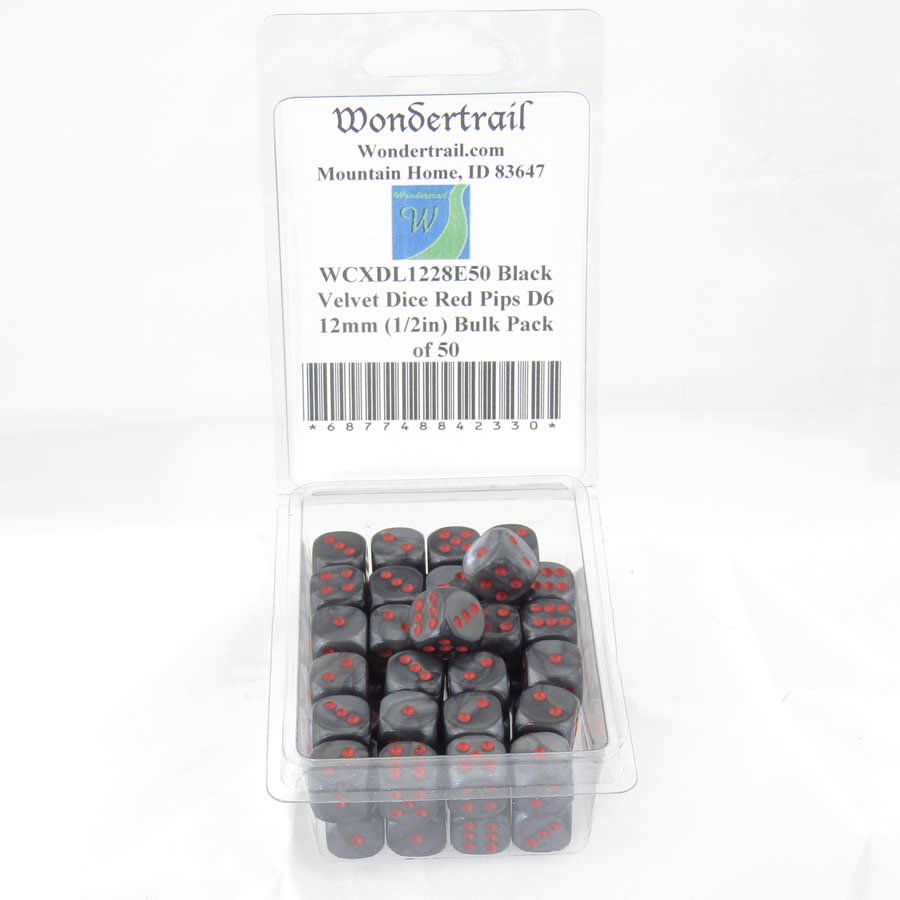 WCXDL1228E50 Black Velvet Dice Red Pips D6 12mm (1/2in) Bulk Pack of 50 (ONLINE ORDER ONLY)