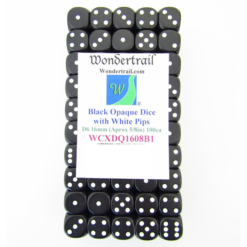WCXDQ1608B1 Black Opaque Dice White Pips D6 16mm (5/8in) Pack Of 100 (ONLINE ORDER ONLY)