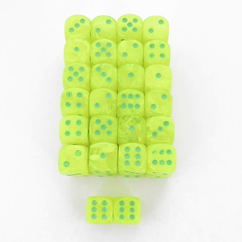WCXDV1622E50 Yellow Vortex Dice Green Pips D6 16mm Bulk Pack Of 50 (ONLINE ORDER ONLY)