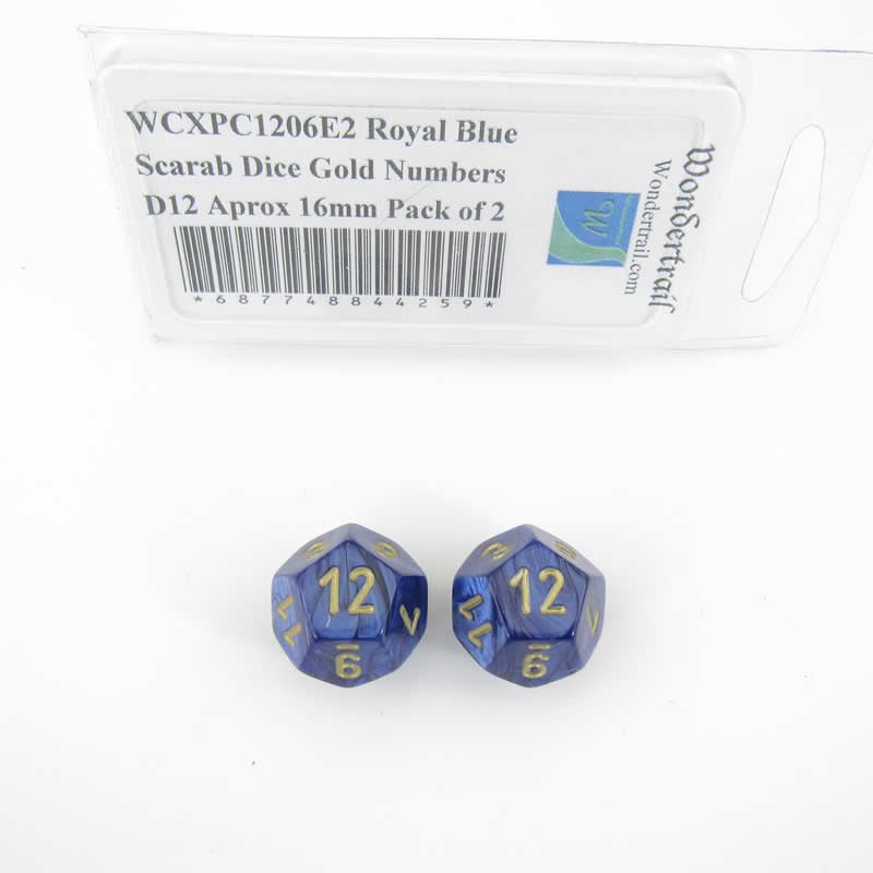 WCXPC1206E2 Royal Blue Scarab Dice Gold Numbers D12 Aprox 16mm Pack of 2 (ONLINE ORDER ONLY)