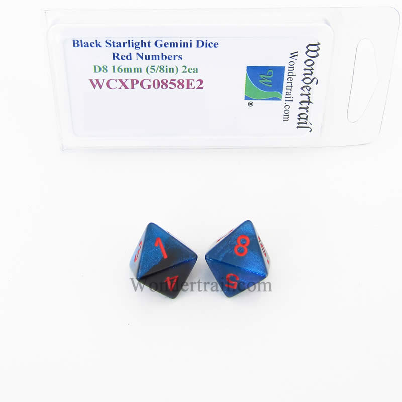 WCXPG0858E2 Black Starlight Gemini Dice Red Numbers D8 16mm Pack of 2 (ONLINE ORDER ONLY)