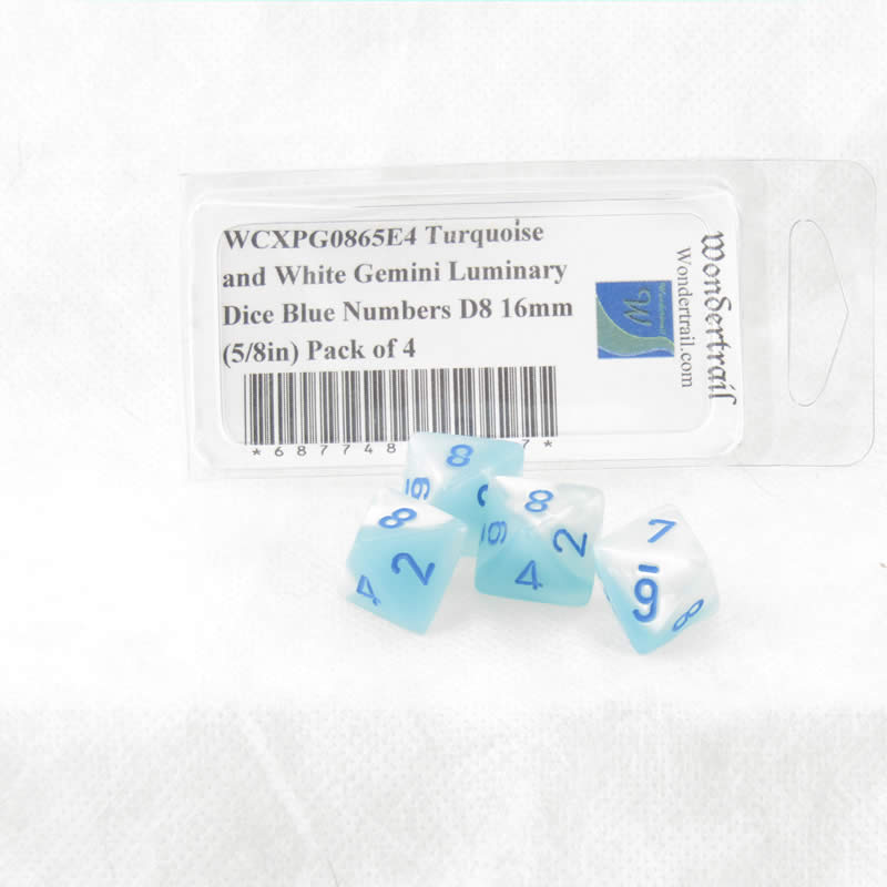 WCXPG0865E4 Turquoise and White Gemini Luminary Dice Blue Numbers D8 16mm (5/8in) Pack of 4 (ONLINE ORDER ONLY)