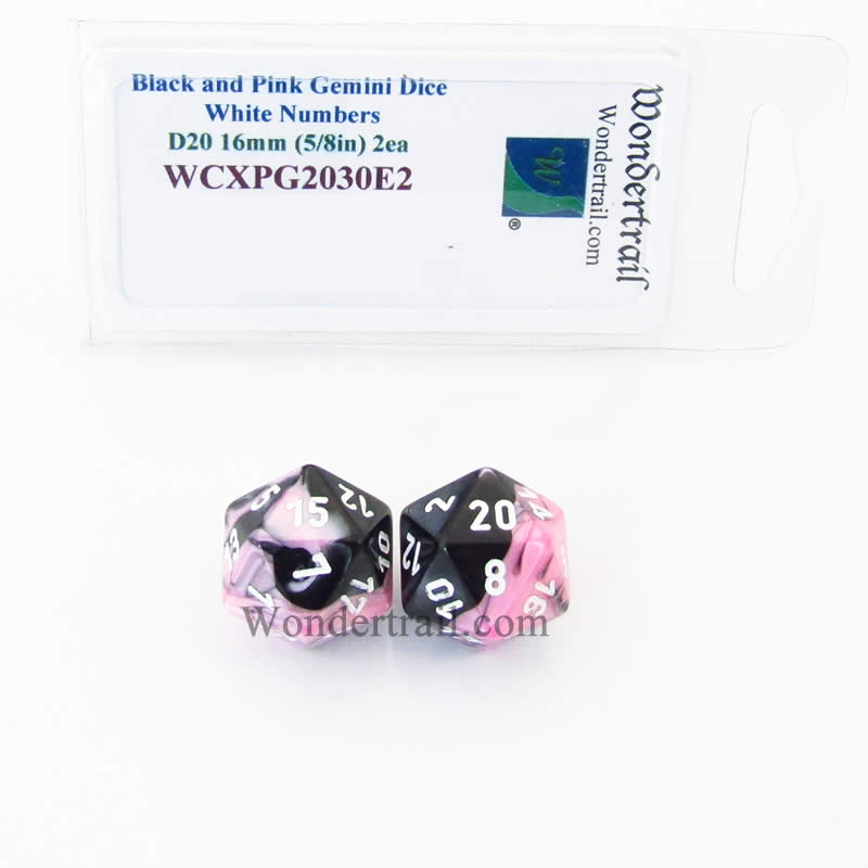 WCXPG2030E2 Black Pink Gemini Dice White Numbers D20 16mm Pack of 2 (ONLINE ORDER ONLY)