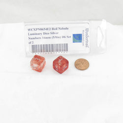 WCXPN0654E2 Red Nebula Luminary Dice Silver Numbers 16mm (5/8in) D6 Set of 2 (ONLINE ORDER ONLY)