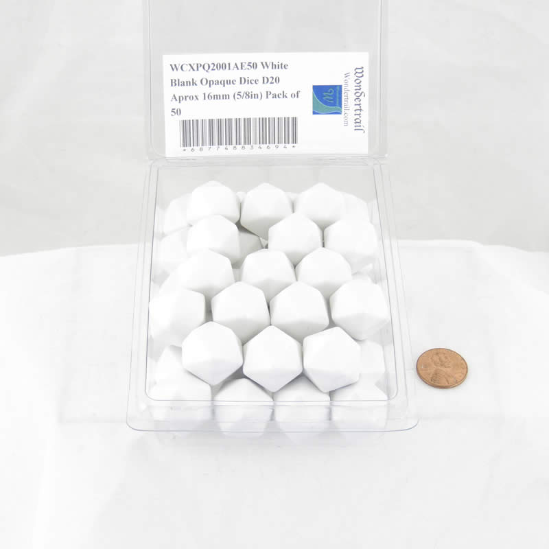 WCXPQ2001AE50 White Blank Opaque Dice D20 Aprox 16mm (5/8in) Pack of 50 (ONLINE ORDER ONLY)