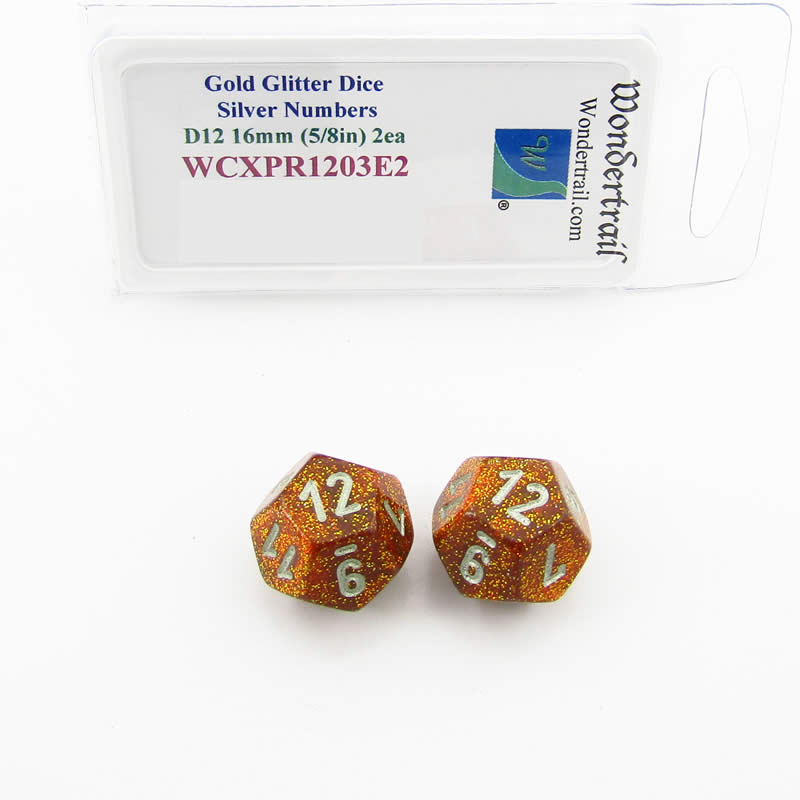 WCXPR1203E2 Gold Glitter Dice Silver Numbers D12 16mm Pack of 2 (ONLINE ORDER ONLY)