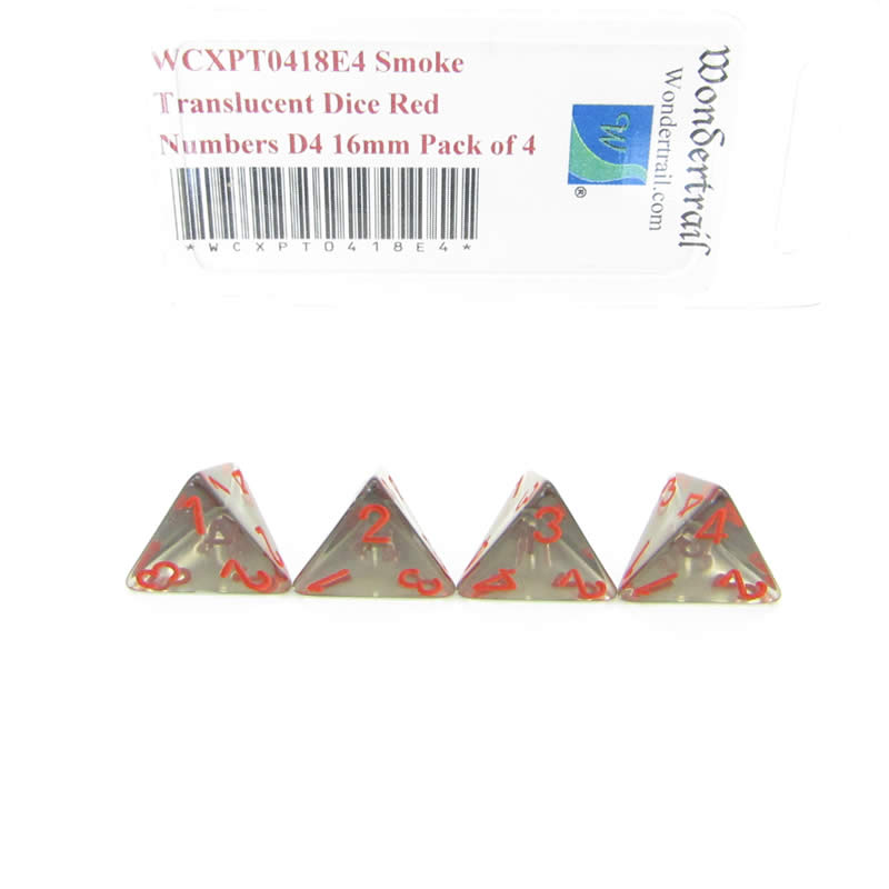 WCXPT0418E4 Smoke Translucent Dice Red Numbers D4 16mm Pack of 4 (ONLINE ORDER ONLY)