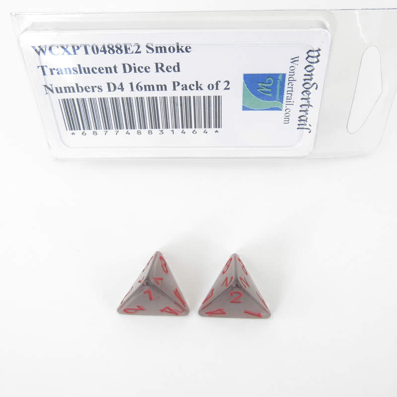 WCXPT0488E2 Smoke Translucent Dice Red Numbers D4 16mm Pack of 2 (ONLINE ORDER ONLY)