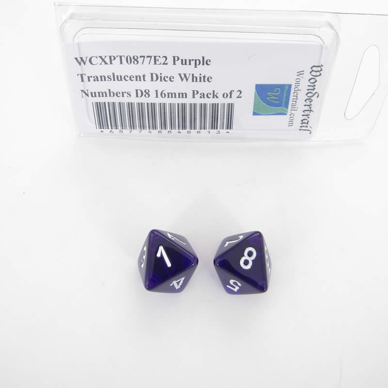 WCXPT0877E2 Purple Translucent Dice White Numbers D8 16mm Pack of 2 (ONLINE ORDER ONLY)