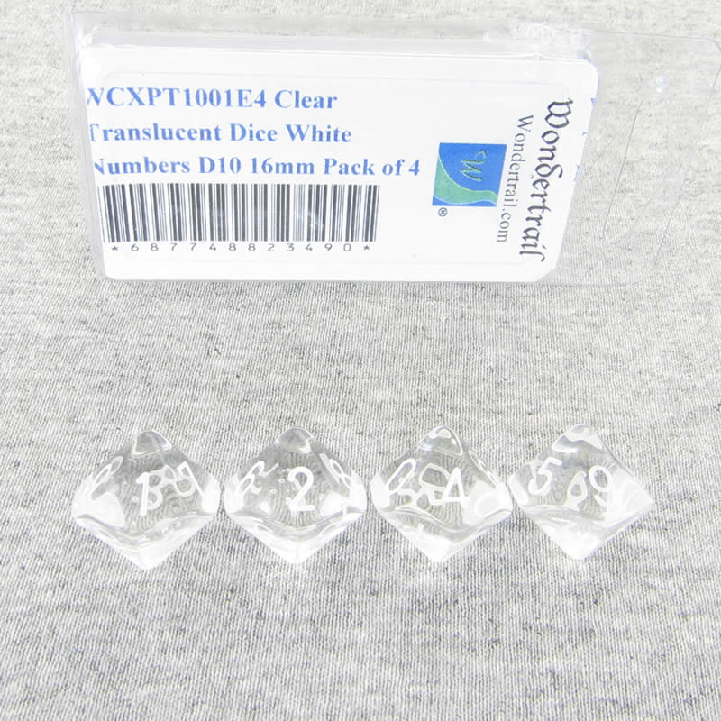 WCXPT1001E4 Clear Translucent Dice White Numbers D10 16mm Pack of 4 (ONLINE ORDER ONLY)