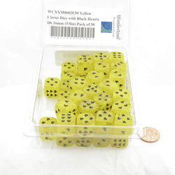 WCXXM0602E50 Yellow Cirrus Dice with Black Hearts D6 16mm (5/8in) Pack of 50 (ONLINE ORDER ONLY)