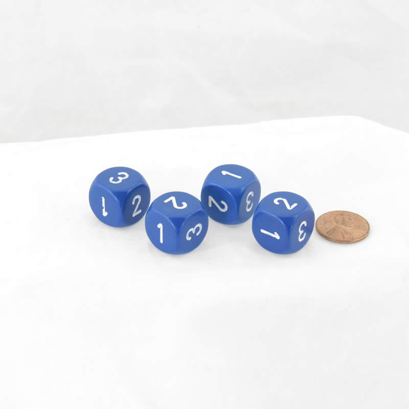 WCXXQ0306E4 Blue Opaque Dice White Numbers D3 (D6 1-3 Twice) 16mm Pack of 4