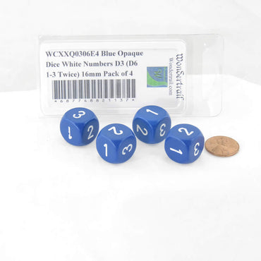 WCXXQ0306E4 Blue Opaque Dice White Numbers D3 (D6 1-3 Twice) 16mm Pack of 4 (ONLINE ORDER ONLY)