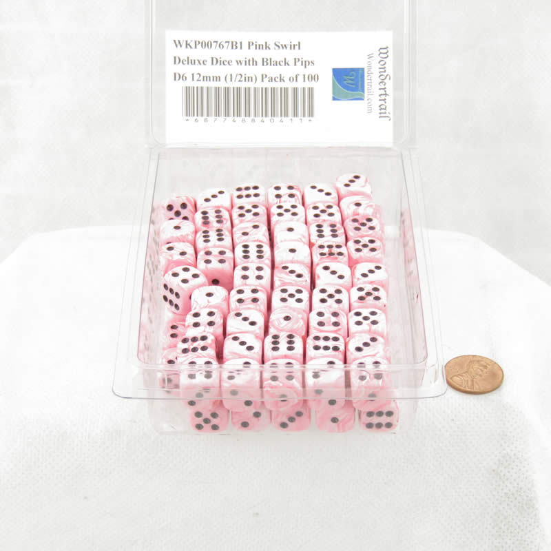 WKP00767B1 Pink Swirl Deluxe Dice with Black Pips D6 12mm (1/2in) Pack of 100 (ONLINE ORDER ONLY)