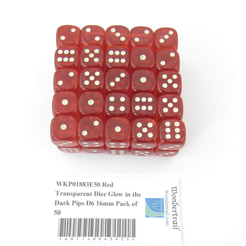 WKP01883E50 Red Transparent Dice Glow in the Dark Pips D6 16mm Pack of 50 (ONLINE ORDER ONLY)