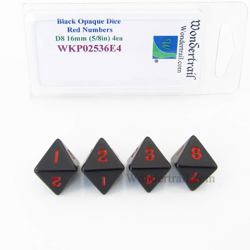 WKP02536E4 Black Opaque Dice Red Numbers D8 16mm (5/8in) Pack of 4 (ONLINE ORDER ONLY)