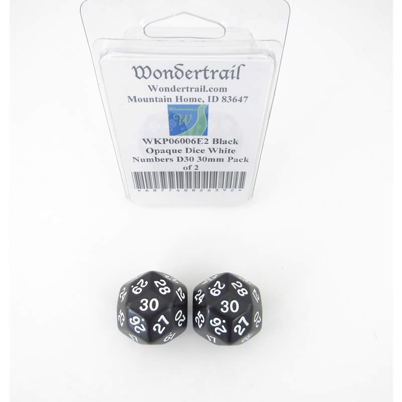 WKP06006E2 Black Opaque Dice White Numbers D30 30mm Pack of 2 (ONLINE ORDER ONLY)