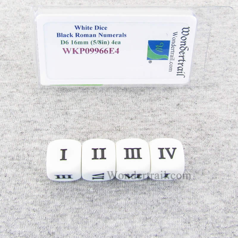WKP09966E4 White Dice Black Roman Numeral D6 16mm (5/8in) Pack of 4 (ONLINE ORDER ONLY)