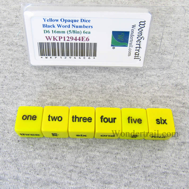 WKP12944E6 Yellow Opaque Dice Black Word Numbers D6 16mm Set of 6 (ONLINE ORDER ONLY)