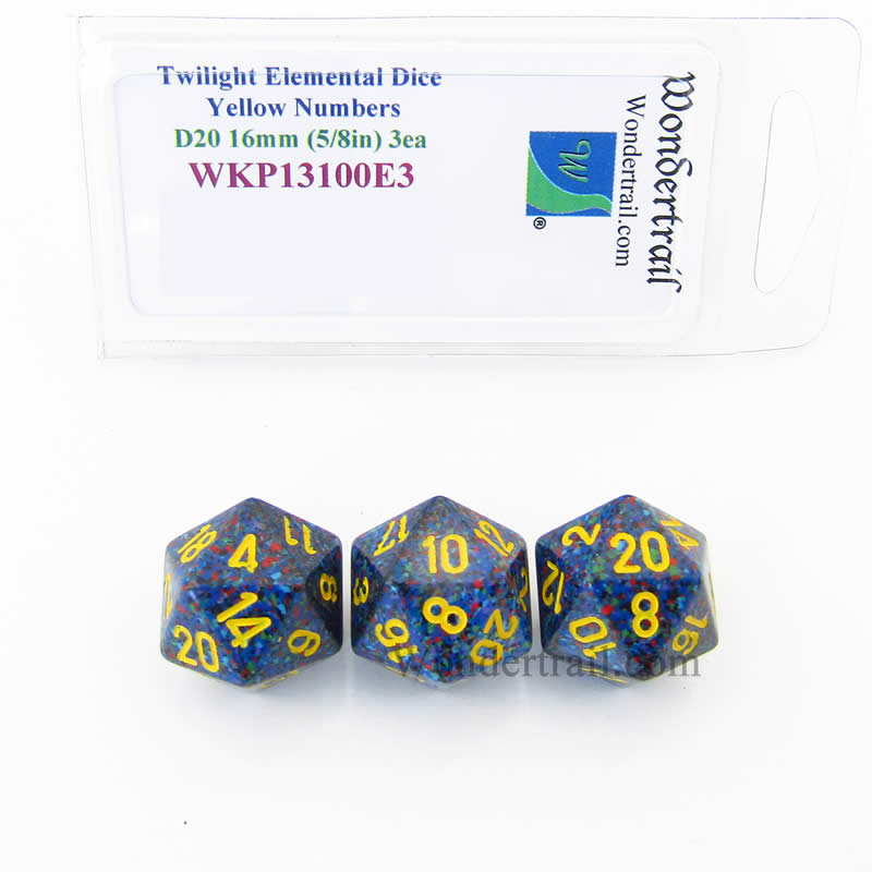 WKP13100E3 Twilight Elemental Dice Yellow Numbers 16mm D20 Pack of 3 (ONLINE ORDER ONLY)