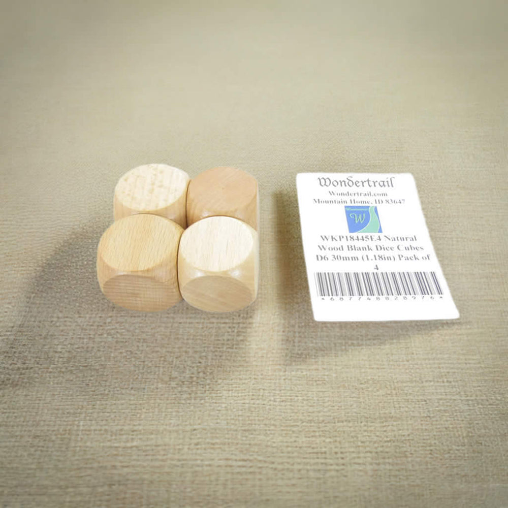 WKP18445E4 Natural Wood Blank Dice Cubes D6 30mm (1.18in) Pack of 4 (ONLINE ORDER ONLY)