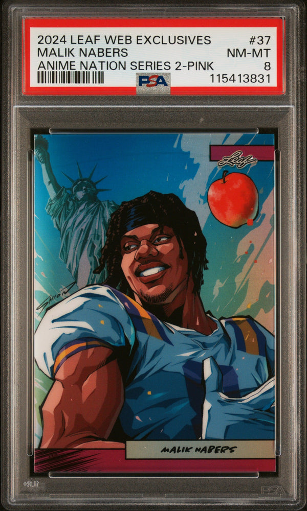 Graded 2024 Leaf Web Exclusives Malik Nabers #37 Anime Nation Series 2 Pink /10 Football Card PSA 8 Near Mint (ONLINE ORDER ONLY)