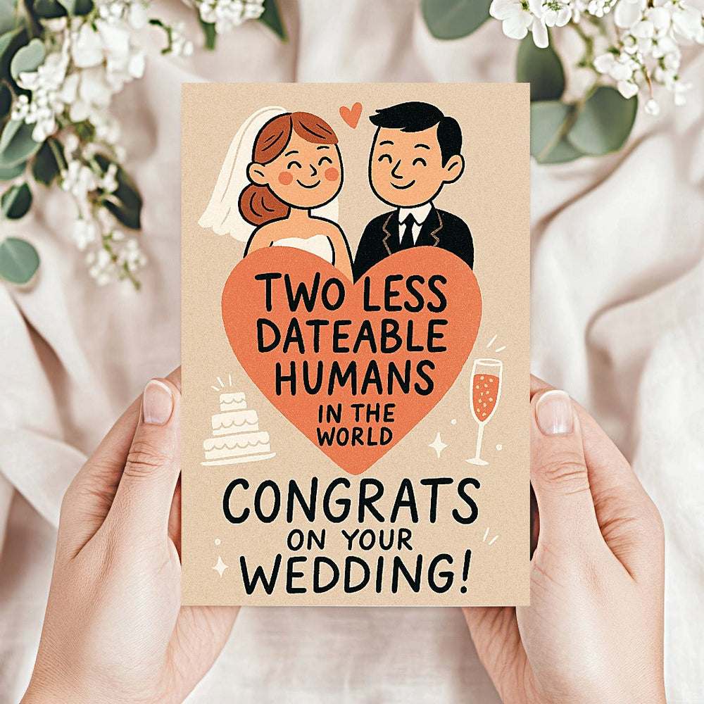 Two Less Dating Humans funny Wedding Congratulations Card (ONLINE ORDER ONLY)