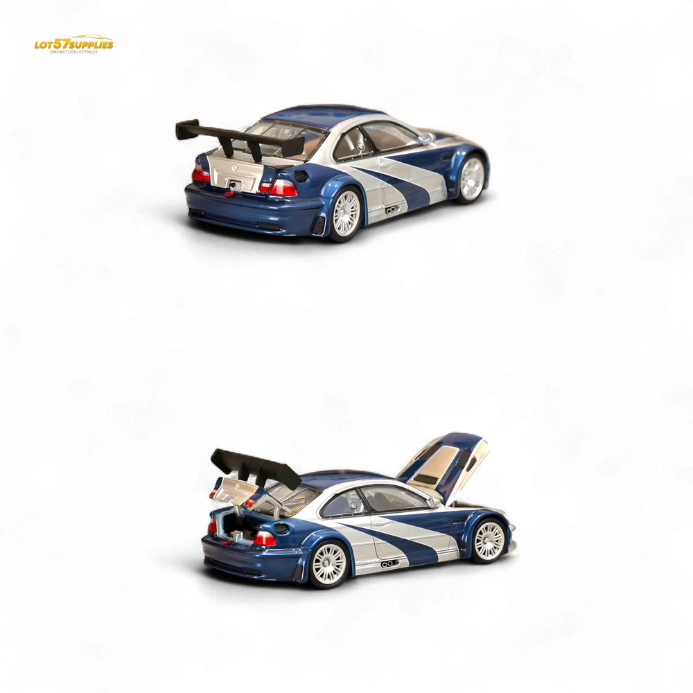 (Pre-Order) Ghost Player BMW E46 M3 GTR - Silver Blue Classic NFS Livery 1:64 (ONLINE ORDER ONLY)