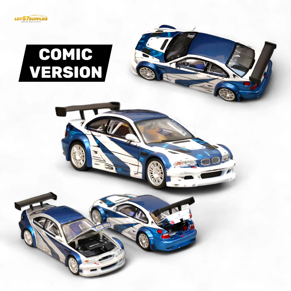 (Pre-Order) Ghost Player BMW E46 M3 GTR - White Blue Comic NFS Livery 1:64 (ONLINE ORDER ONLY)