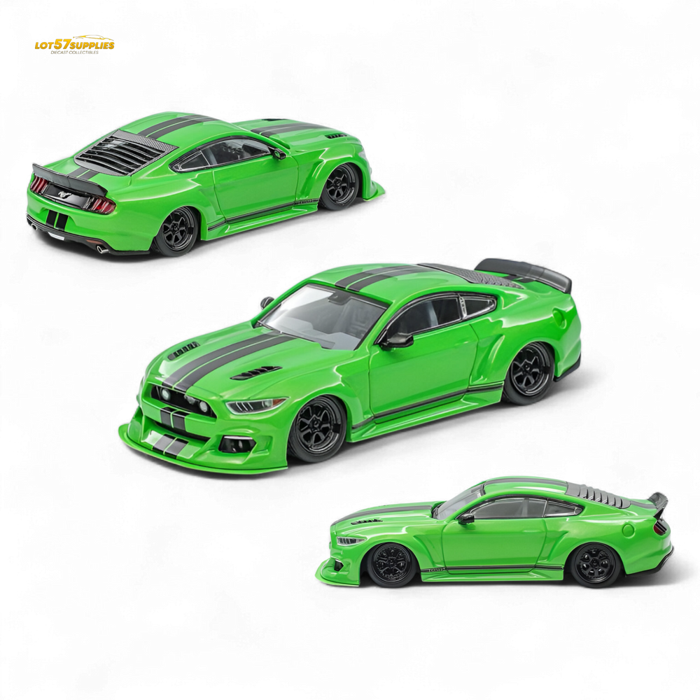 (Pre-Order) Liberty 64 Mustang Lowered Widebody Kit - Fluorescent Metallic Green + Black Stripes 1:64 (ONLINE ORDER ONLY)