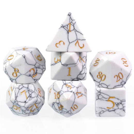 Howlite - Gemstone Engraved with Gold RPG Dice Set (ONLINE ORDER ONLY)