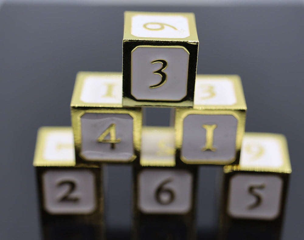 6 piece Metal D6's - White and Gold (ONLINE ORDER ONLY)